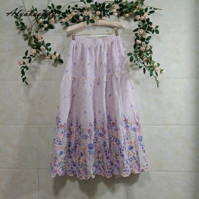 Stile Francese Primavera Estate Donna Gonna Delicata Vita Elastica Viola Chiaro Ricamo Floreale Gonna da Principessa Elegante Femminile Festa Gonna Lunga