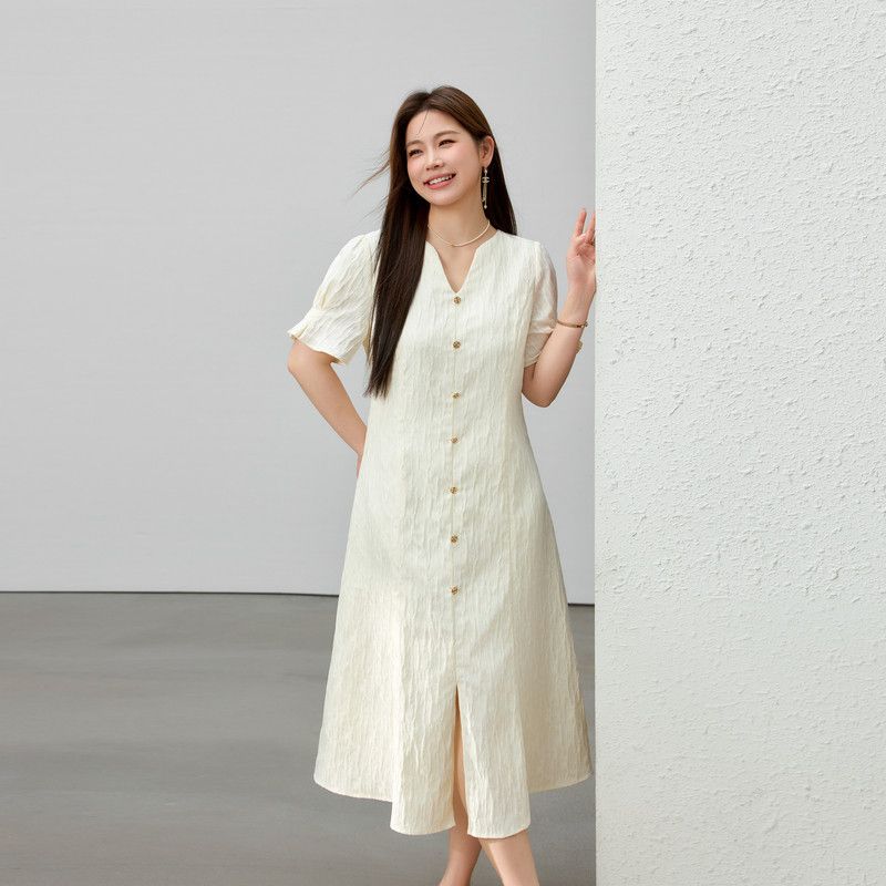 [French Elegance exquisite jacquard split Elegant Dress] Delicate Plus size women s Plus Size Ladies summer New arrival Rice Apricot Color 3XL