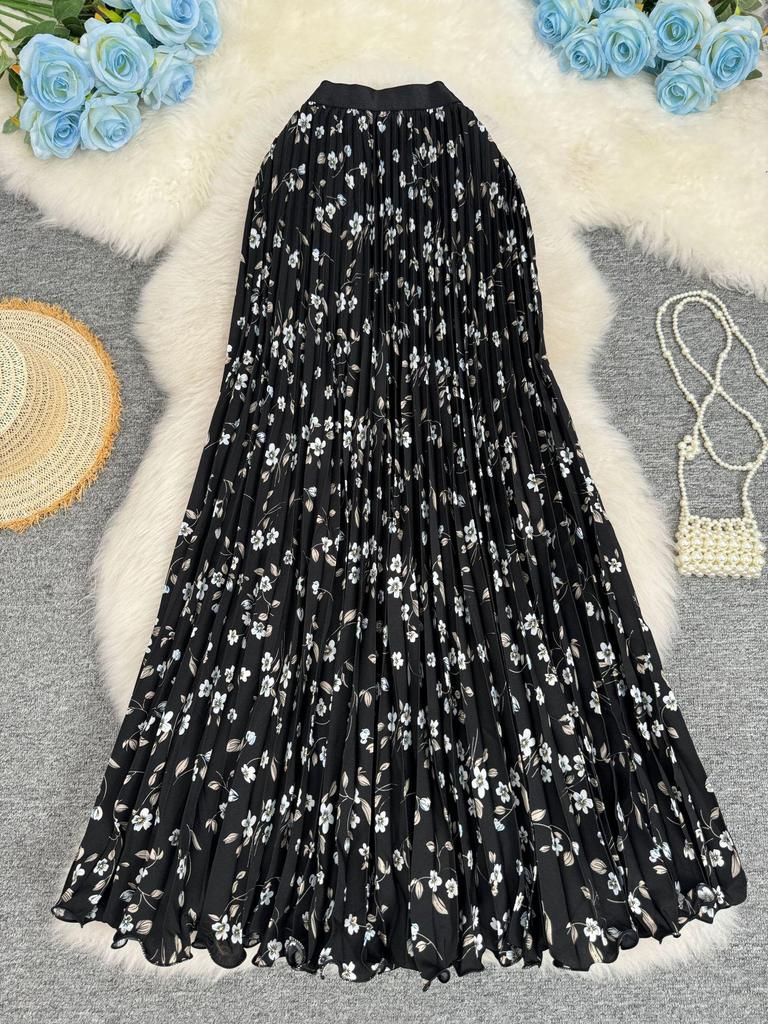 European & South African Cross-border 3D Floral Pleated A-line Midi Skirt for Women