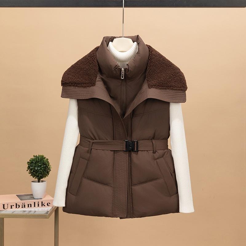 European big collar down cotton vest women's short splicing lamb wool vest waist jacket new