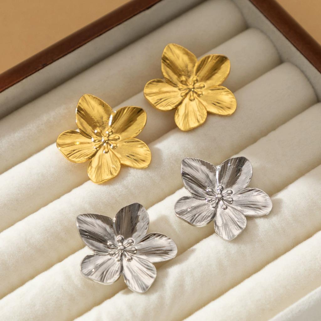 Htpwe Stainless Steel Flower Leaf Stud Earrings For Women 18k Gold Plated Couple Holiday Gift Earrings Party Daily Zircon