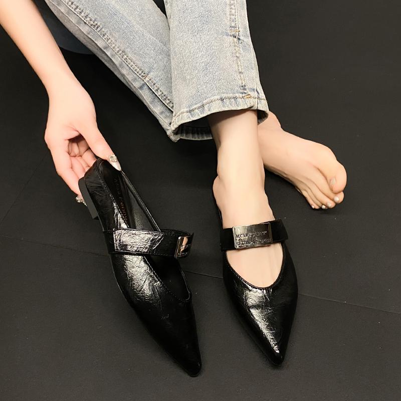 Fashion Spring Autumn 2025 Pointed Toe High Heels Women's French Style Slip-On Strap Shoes Matching Low Rubber Fashionable Slippers