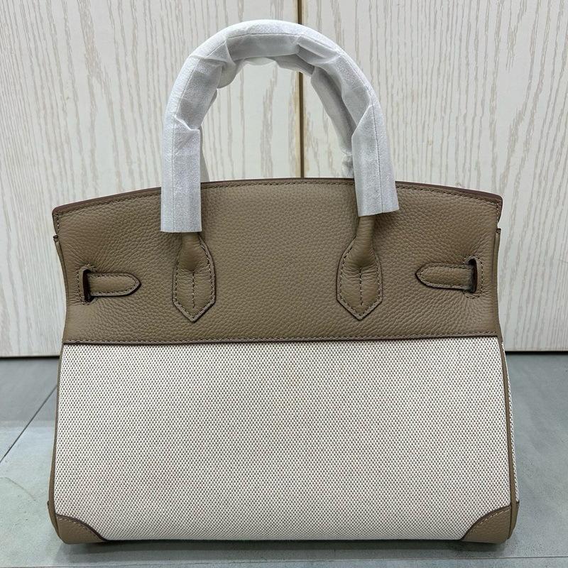 2026 new first-layer lychee pattern cowhide with linen canvas platinum bag genuine leather handbag European and American messenger bag bag