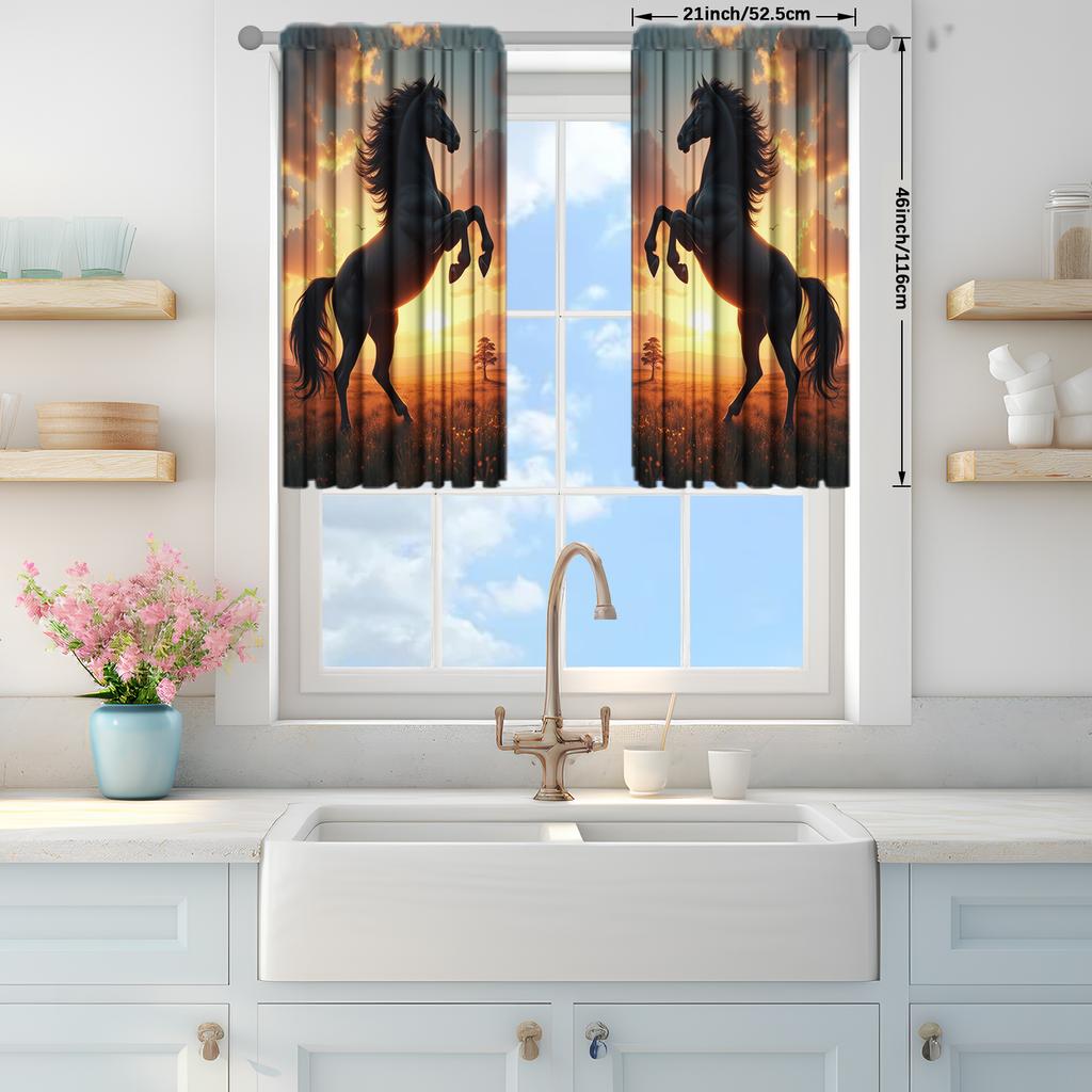 2pcs Brown Steed Under the Sunset Printed Curtain for Home Decor - Rod Pocket Window Treatment for Bedroom, Office, Kitchen