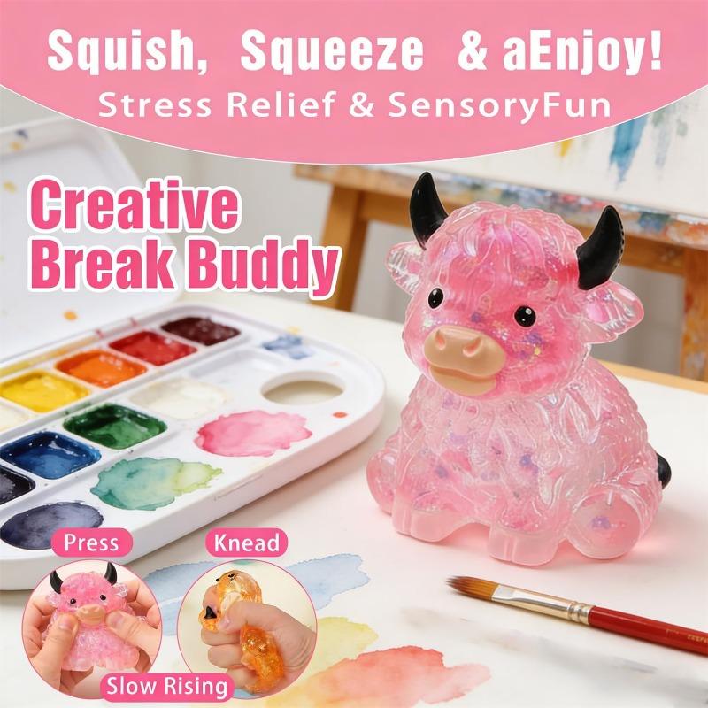 Glitter Highland Cow Squishies Fidget Toy,Soft Slow Rising Stress Ball, Sparkly Sensory Squeeze Toy for Adults,Cute Cow Lover Gift
