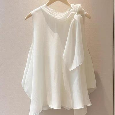 Weiße französische schicke Bluse ärmellos Schleife Design elegante hochwertige Mode Shirt Frauen