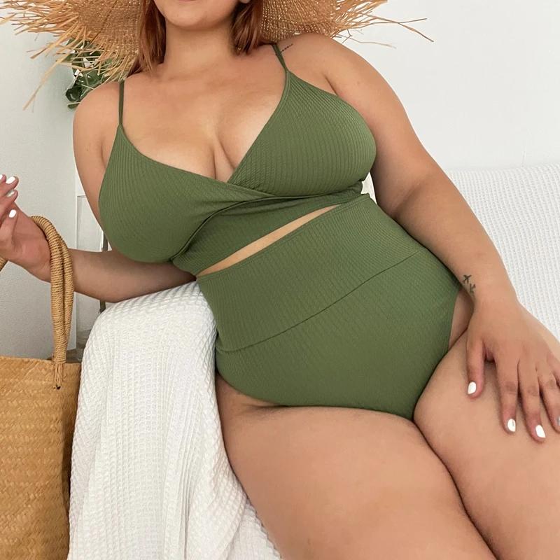 Große Größe 4XL Frauen Low-cut Bikini Set 2024 Neue Frau Badeanzug Backless Strukturierte Bademode Hohe Taille Push-Up Bademode tankinis