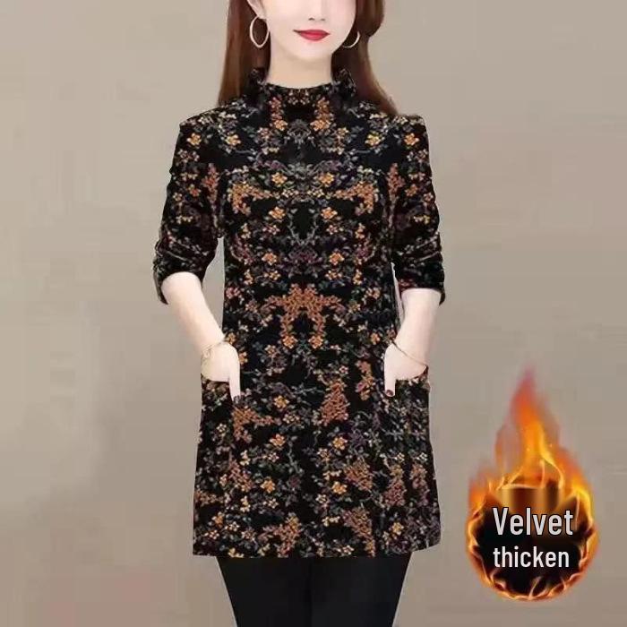 

Elegant Velvet-Lined Long-Sleeved Base Layer Top for Middle-Aged and Elderly Women 3XL