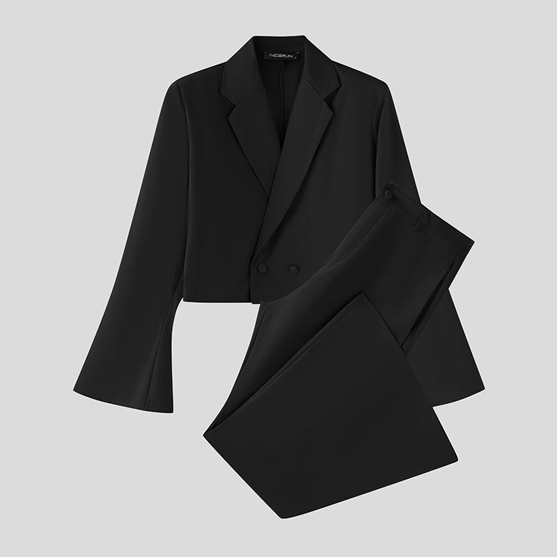 INCERUN Two Pieces Outfits Men Lapel Long Sleeve Cropped Blazer Long Flare Pants Sets