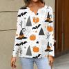 Women's Long Sleeve V Neck T Shirt Halloween Print Button Detail Casual Top Lightweight Soft Fabric Comfortable Fit