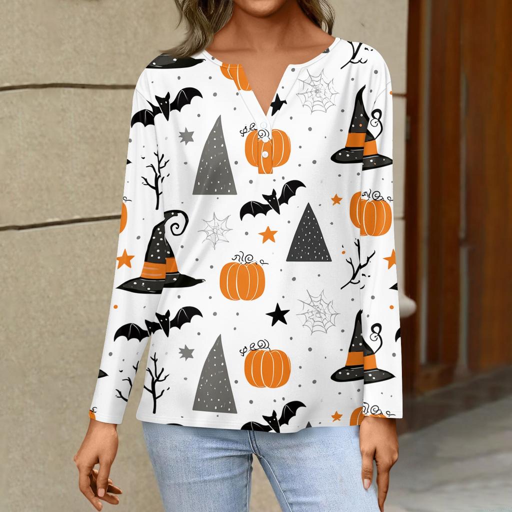 Women's Long Sleeve V Neck T Shirt Halloween Print Button Detail Casual Top Lightweight Soft Fabric Comfortable Fit