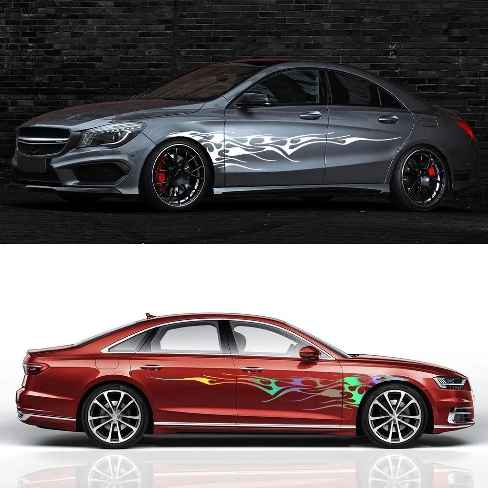 2PCS Flame Graphic Car Body Side Stickers Racing Sports Stripes Vinyl Decals Self-adhesive Auto Decorative Stickers Accessories