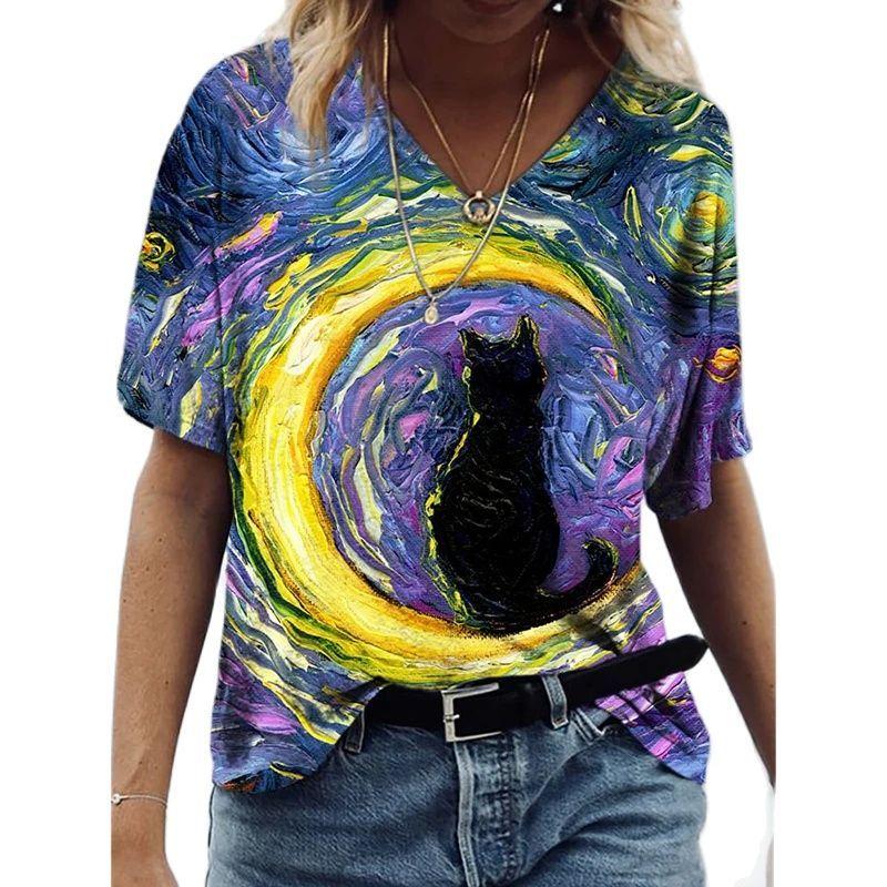 Women's 3d Cats Print T-Shirt Fashion Woman Blouses 2024 Funny Kawaii V-Neck T Shirt Female Clothing Oversized Summer Tops Tees