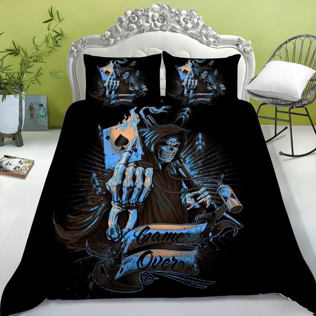 Bedding Set New Bed Cover 3D Skull Head Scary Print Family Bedroom Full Size Quilt Cover and Pillowcase Microfiber