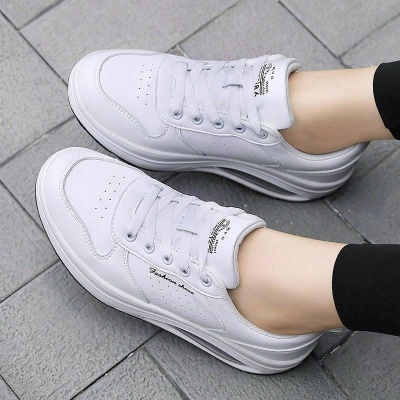 Fashion Women Fashion Sneakers Air Cushion Sports Shoes Pu Leather Blue Shoes White  Outdoor Walking Jogging Shoes Female Trainers