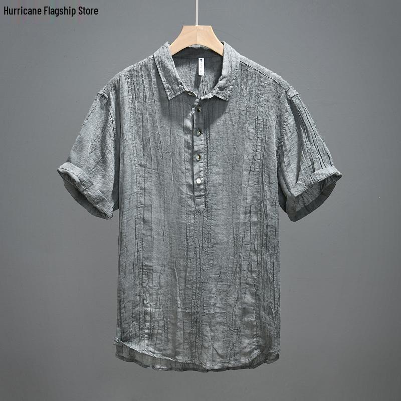 Retro Japanese Men's Crinkled Linen Shirt - Solid Color Short Sleeve with Stand Collar