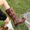 Stivaletti marroni Martin con tacco spesso e fibbia da cintura da donna primavera estate retrò ma stivali al ginocchio stivali western stivali alla moda da cavaliere