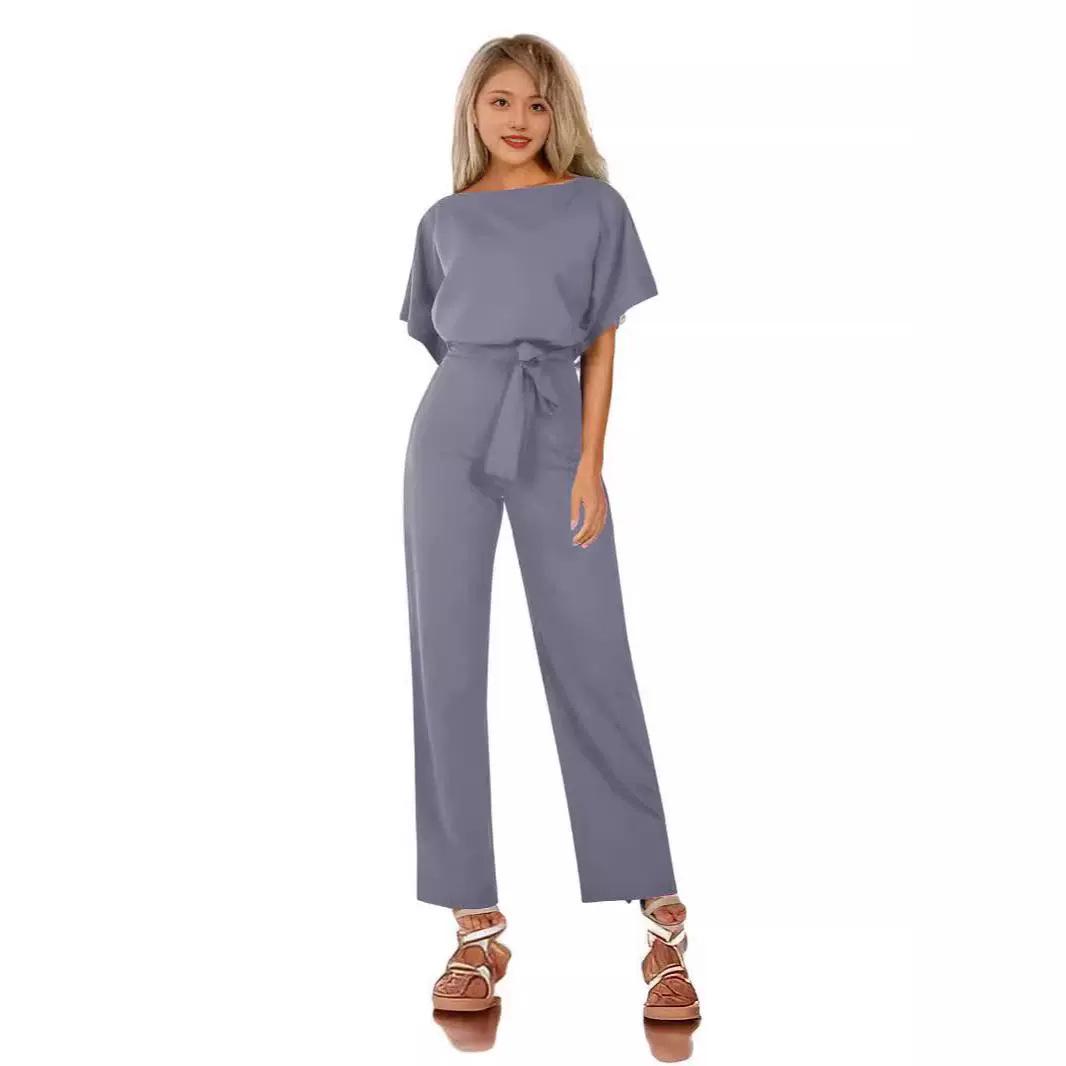 

European & American Solid Color Casual Slim Fit Tie-Up Jumpsuit M Темно-синій