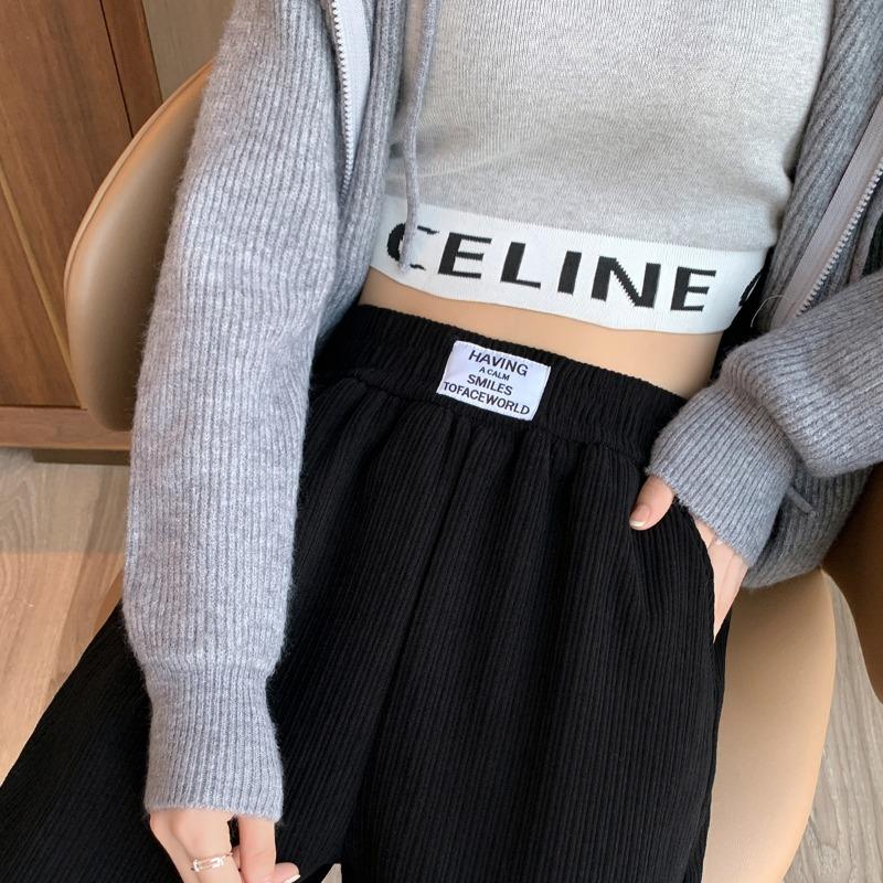 Chenier Wide-leg Pants Women's Autumn and Winter Fleece Thickened High-waisted Loose Straight Pants Casual Floor-mopping Trousers