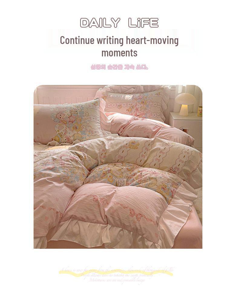 G5Z Princess Mingsha Lolita Lace Washed Cotton Bedding Set - Duvet Cover, Bed Sheet, Cute Girl Dormitory Style (4-Piece)