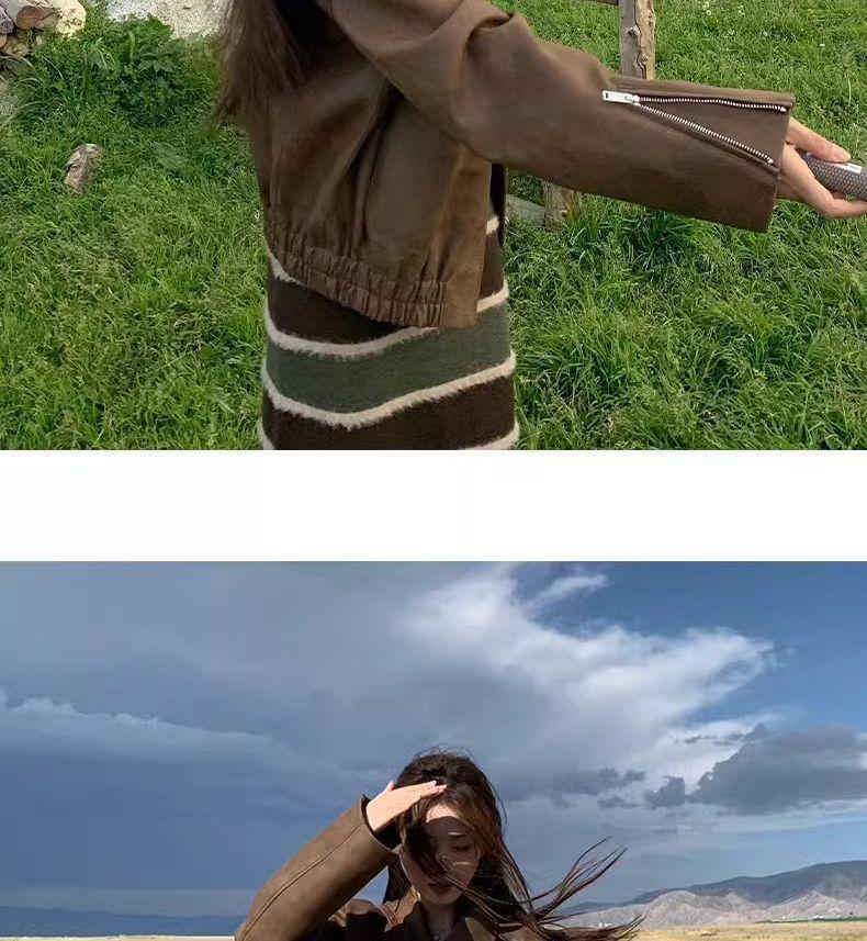 Women's Brown PU Leather Retro Motorcycle Jacket for Spring & Autumn