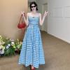 New Summer Sweet and Spicy Women's Summer Blue Plaid Lace Edge Tube Top Dress High Waist a Word Skirt
