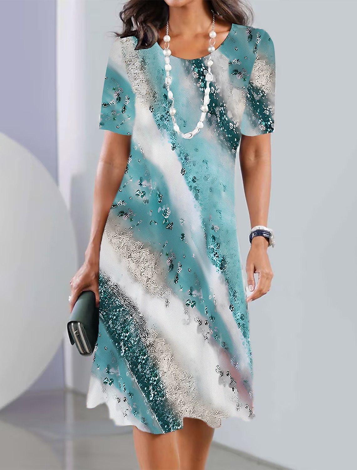 

Весна Лето Женское Платье с Коротким Рукавом Платье А-силуэта с Завышенной Талией Круглый Вырез Элегантное Платье 8XL циан