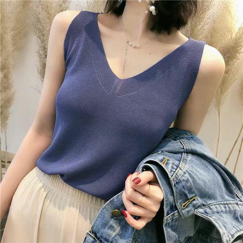 Summer Ice Silk V-Neck Backless Sleeveless Knit Top