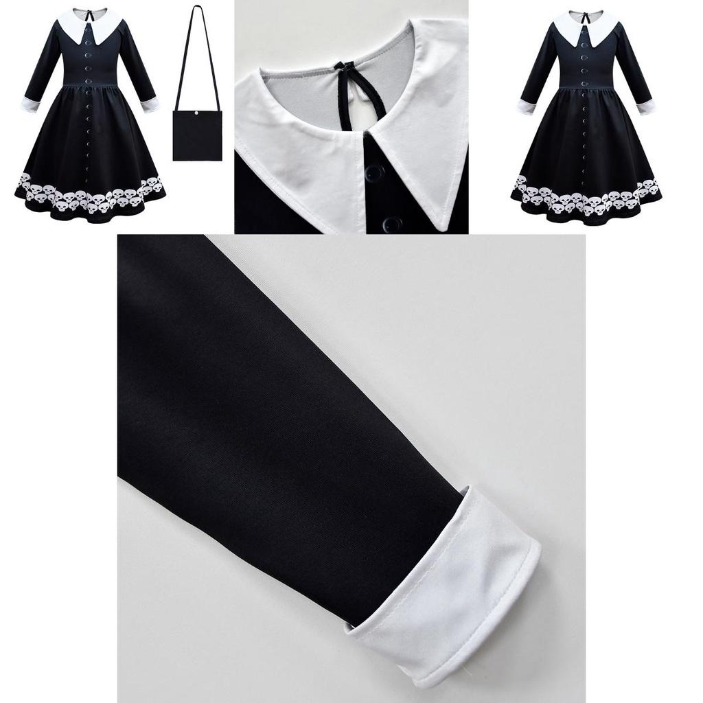 Vestido Wednesday Addams Bolsa Peruca Fantasia Cosplay Meninas Festa de Natal