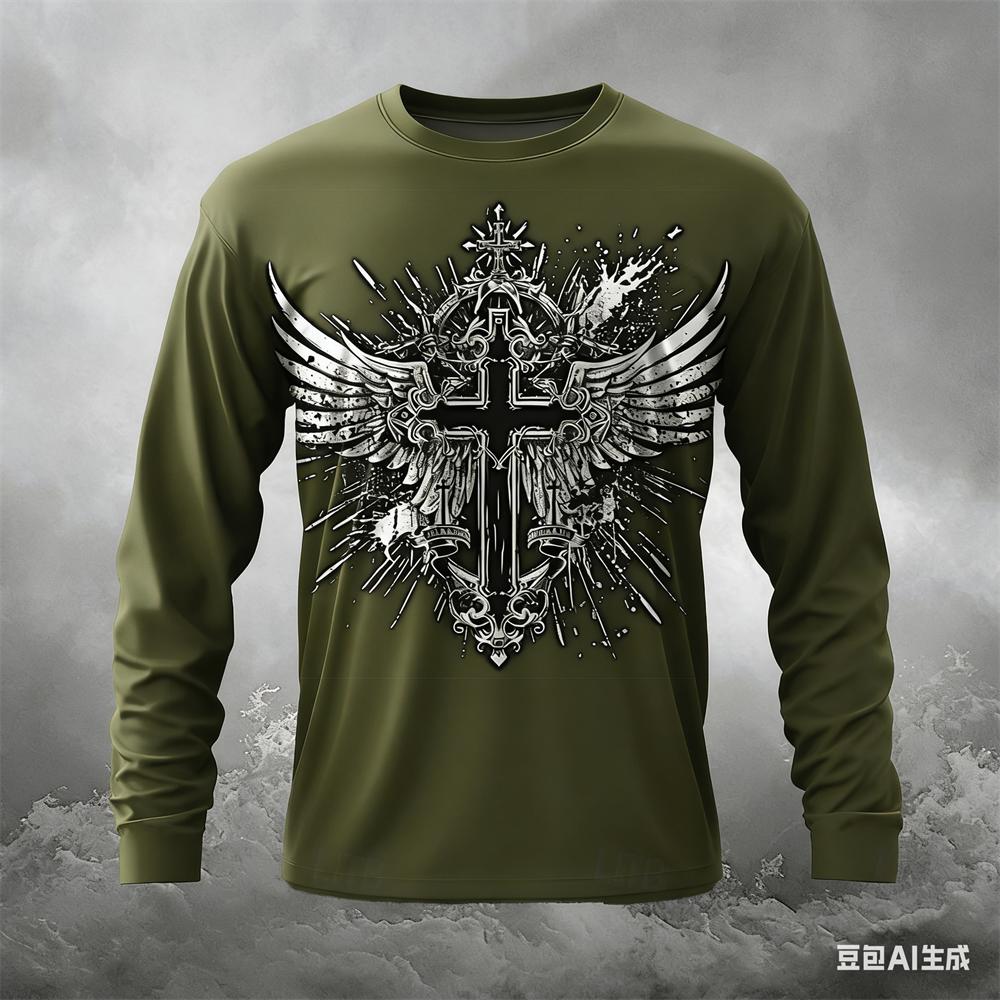 Funny Cross Wing Pattern Men's T Shirt Casual O-neck Loose Long Sleeve T-shirt Spring Autumn Comfortable Pullover Fashion Tops