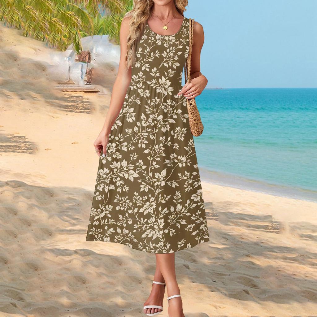 Ärmelloses Maxikleid mit Blumenprint für Damen, lässiger lockerer Schnitt, Sommer-Maxikleid mit Taschen, Rundhalsausschnitt