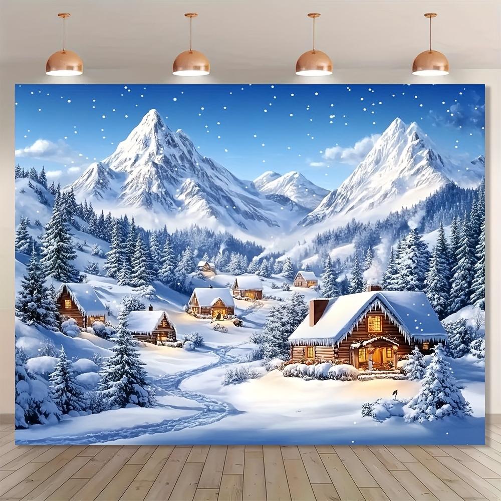1 piece of rural winter wonderland background cloth - Christmas town and snow-capped mountain pine forest scene, polyester