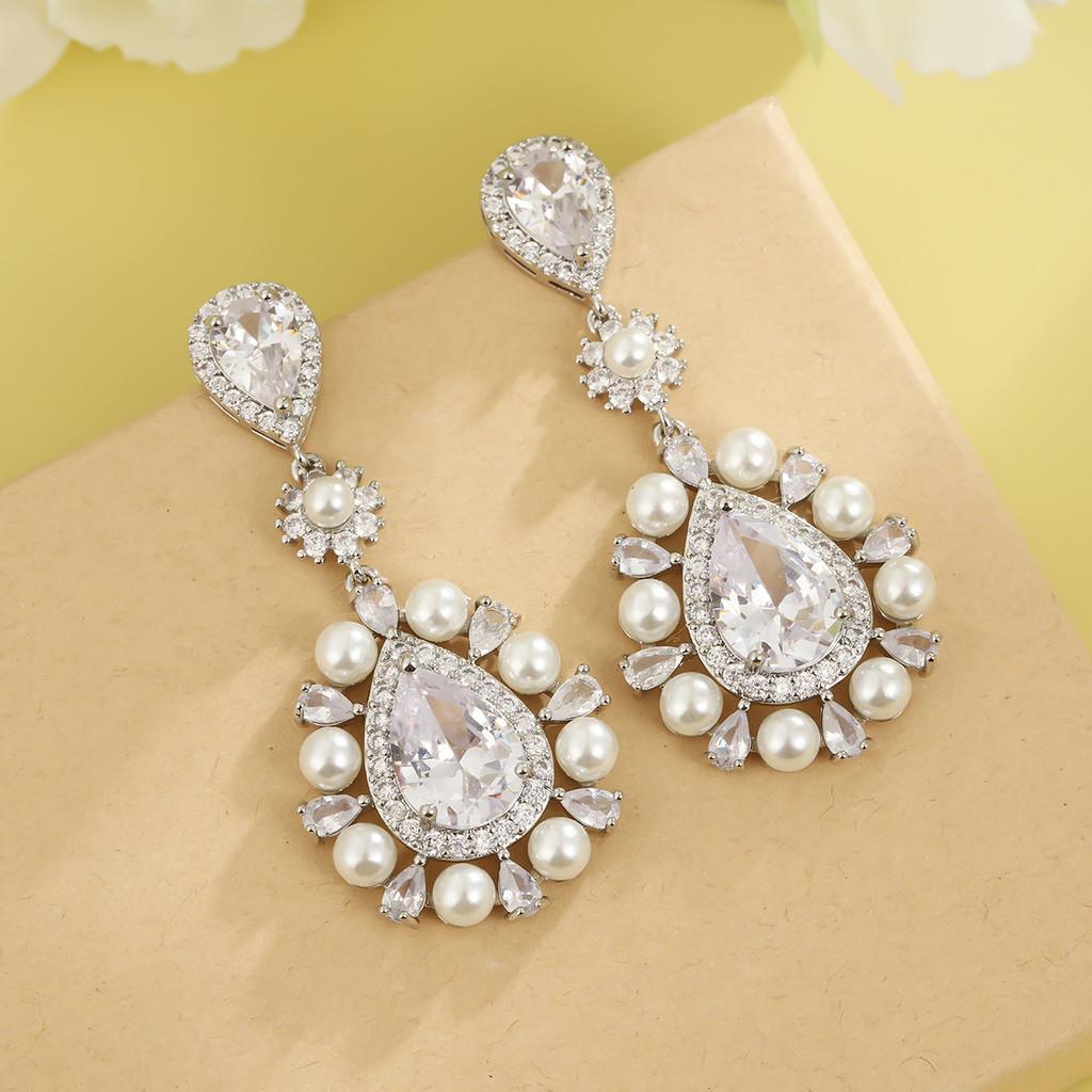 Elegant Geometric Copper Zircon Pearl Earrings For Wedding Bridesmaids