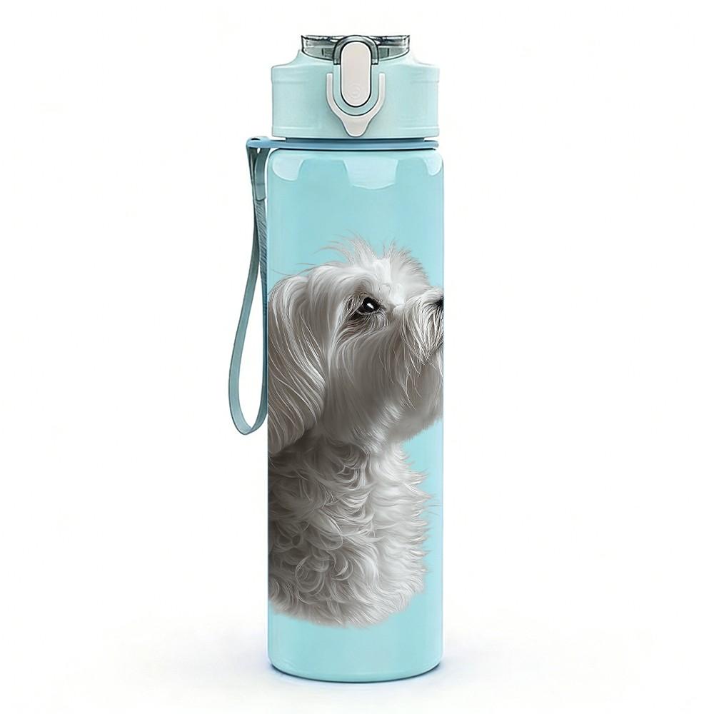 1PC Small White Fluffy Dog Pet Print 750ml Color Plastic Sports Water Bottle Leakproof Flip Straw Lid Suitable for Sports Office Home Use