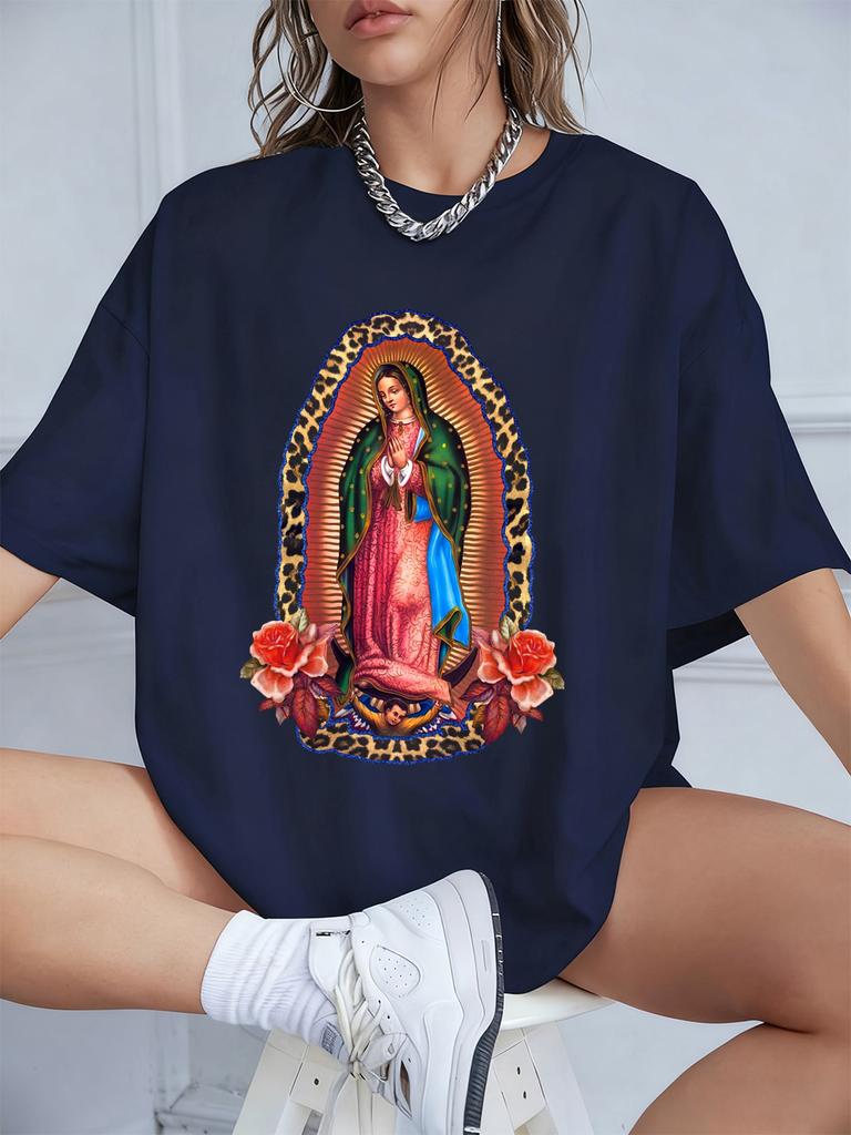 Our Lady Of Guadalupe Prints Short Sleeve T-Shirts Women Polyester Summer Tee Shirts Comfortable Soft O-Neck Tops Sporty Clothes