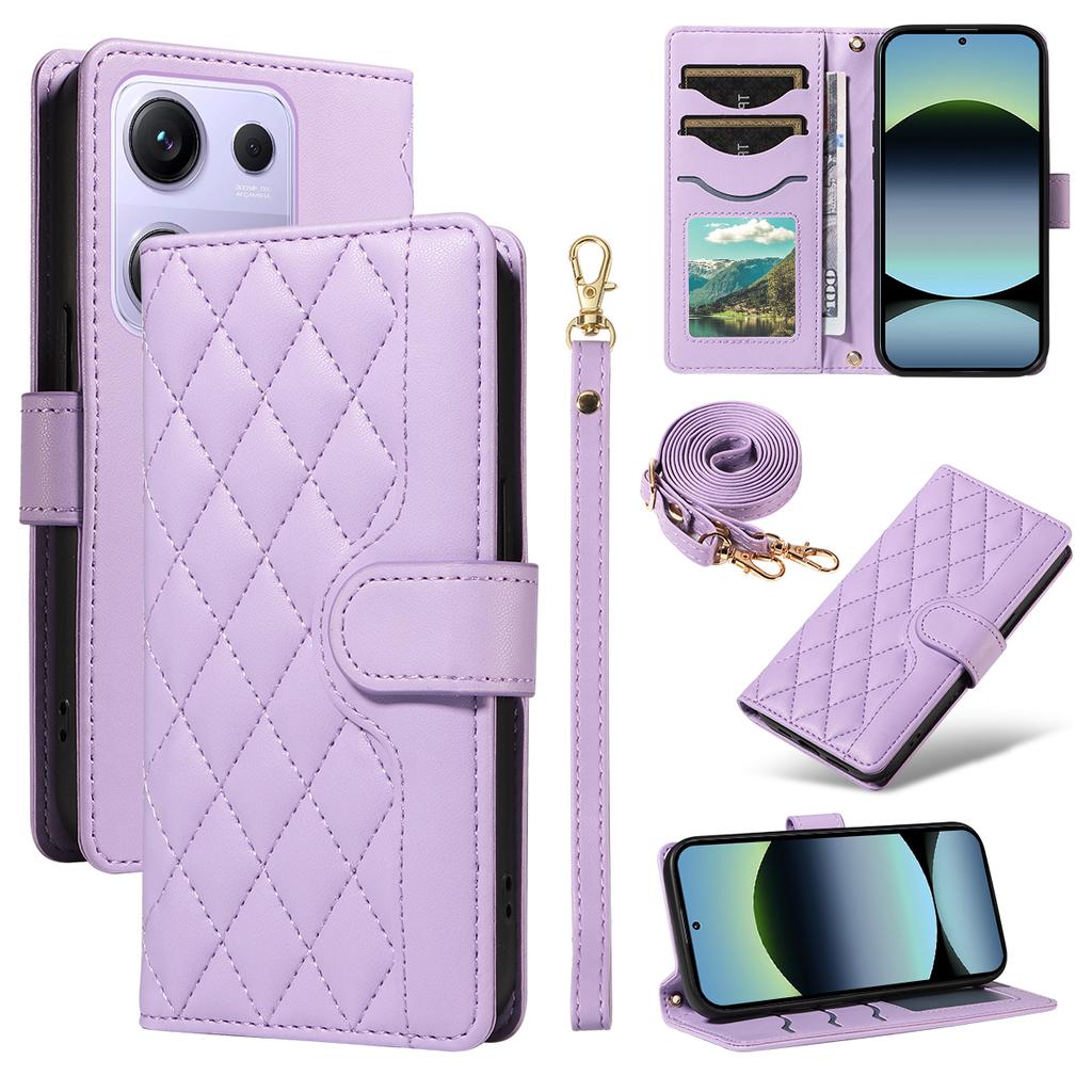 For Xiaomi Redmi Note 14S 4G/Xiaomi Poco M6 Pro 4G/Xiaomi Redmi Note 13 Pro 4G Wallet Case Rhombus Leather Phone Cover with Strap -  Light Purple