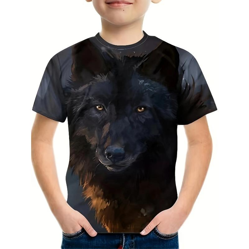3D Wolf Printed T-shirts Fashionable Casual Short Sleeved Children's Boy T-shirts - Soft Medium Stretch Polyester Fabric Summer Relaxed Fit Clothing