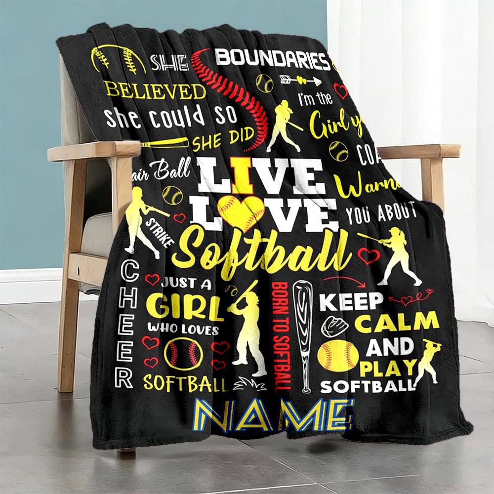 Black Softball Customize Your Name Blanket Lightweight Customizable Blanket Warmthful Decor for Bed Couch Home Decor Office Chair Ideal for All Season