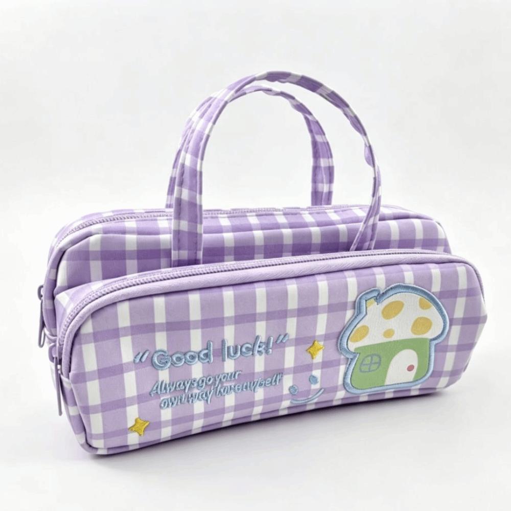 Double Layer Pencil Case Plaid Pattern Stationery Holder Durable Pencil Box School Stationery