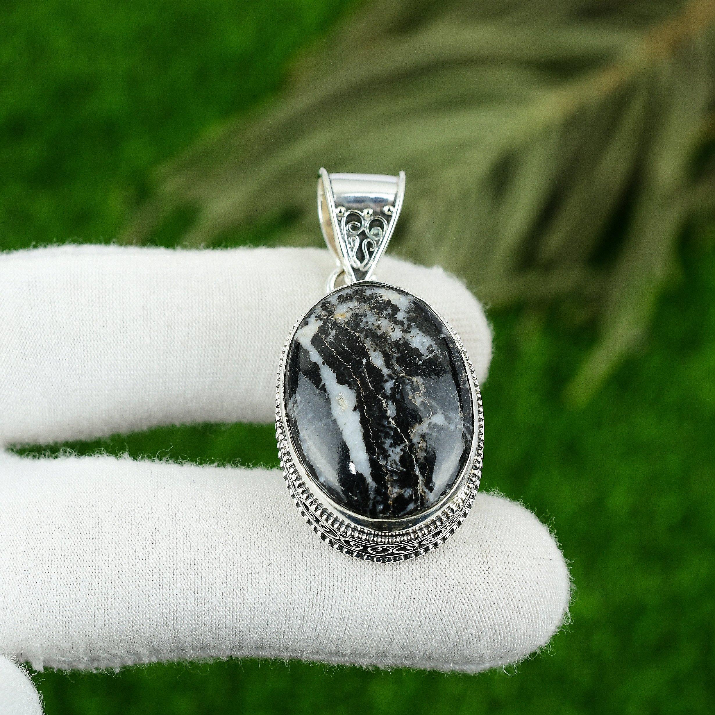

Oval Natural Zebra Jasper Sister Bezel Art Deco Vintage Pendant Sterling Silver
