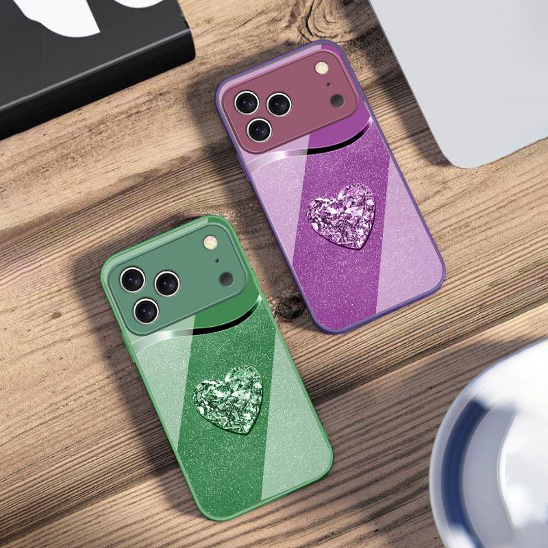 Gradient Diamond Love For iPhone 17 Air 16 E 15 14 13 Plus 12 Mini 11 17 Pro Max XR Xs Max 16E 7 8 Tempered Glass Phone Case