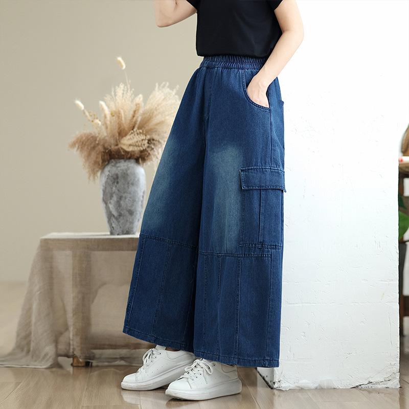 

Vintage Big Pocket Blue Denim Pants Female Summer Loose Casual Solid Wide Leg Pants Women Fashion Jeans 2025 Summer cargo pants 2XL синий