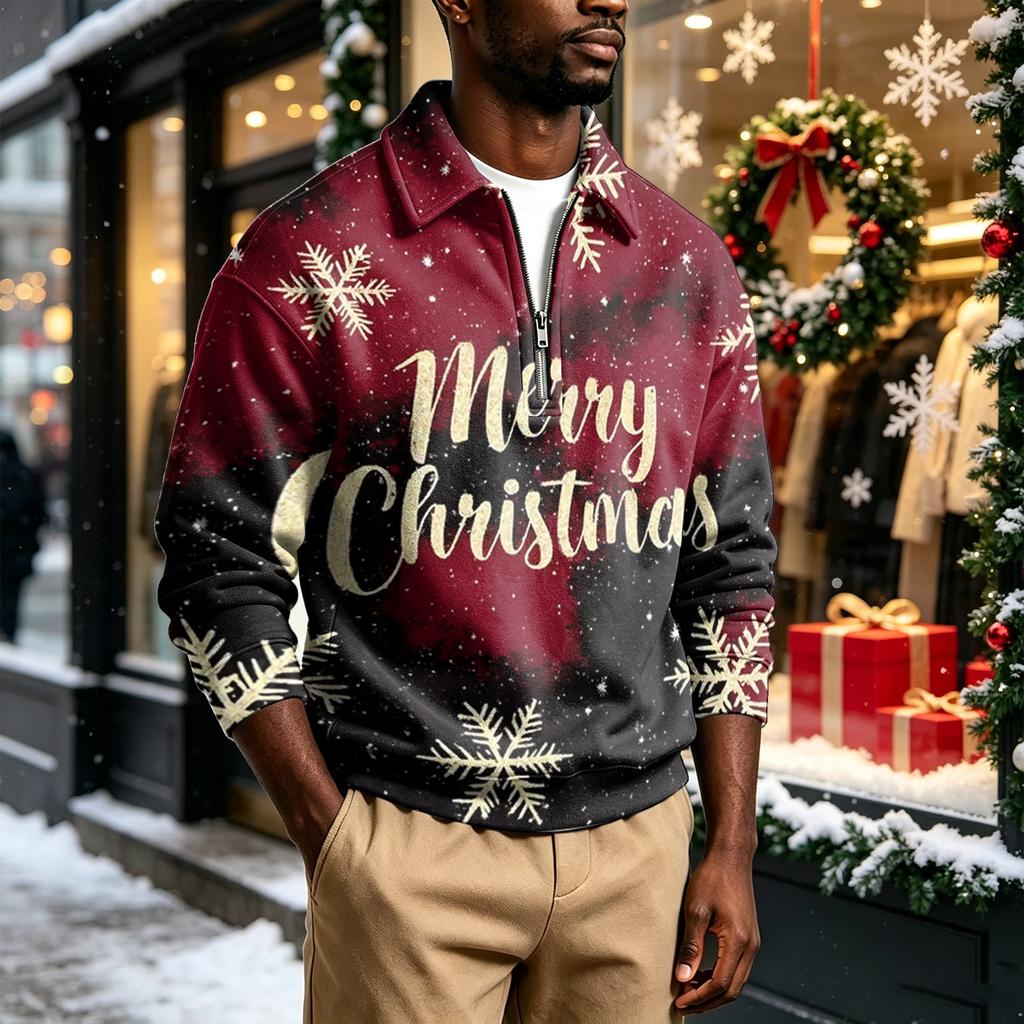 Men's Casual Christmas Print Collared Sweatshirt for Holiday