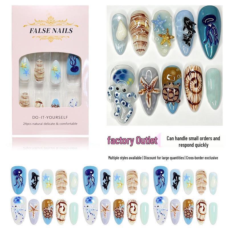 30-Piece Cartoon Marine Animals 3D Embossed Wearable Nails: Octopus, Starfish, Sea Turtle Designs