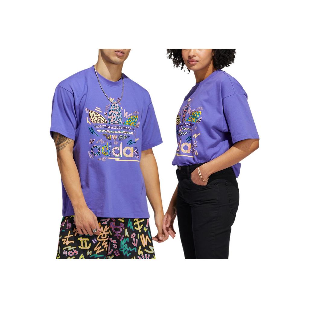 Adidas Originals Large Logo Letter Round Neck Casual Sport Short Sleeve T-Shirt Unisex Tops Purple HC3077