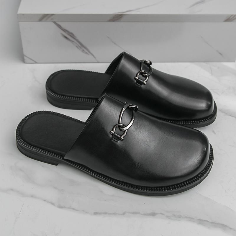 Fashion Retro Men Half-drag Leather Shoes Black Brown Men Casual Comfortable Versatile Fashionable Slippers Sizes 38-46 Men Slippers