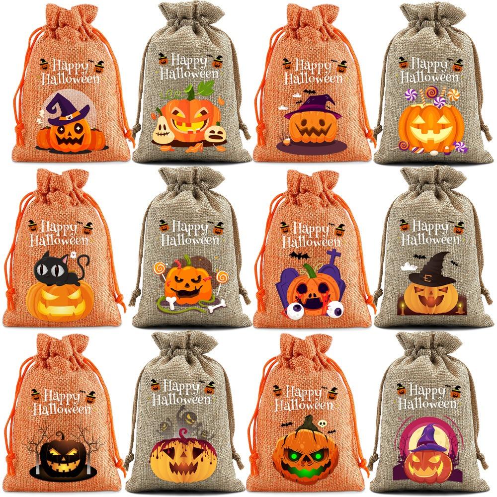 

12Pcs Creative Halloween Linen Drawstring Bags Handheld Pumpkin Sugar Pocket Snacks Orange Grey