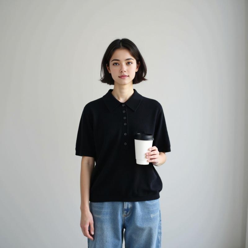 Ease Half Placket Lapel 0 Wool Sweater Women's Early Autumn Short-sleeved Inner Solid Color Simple Pullover Bottoming Shirt