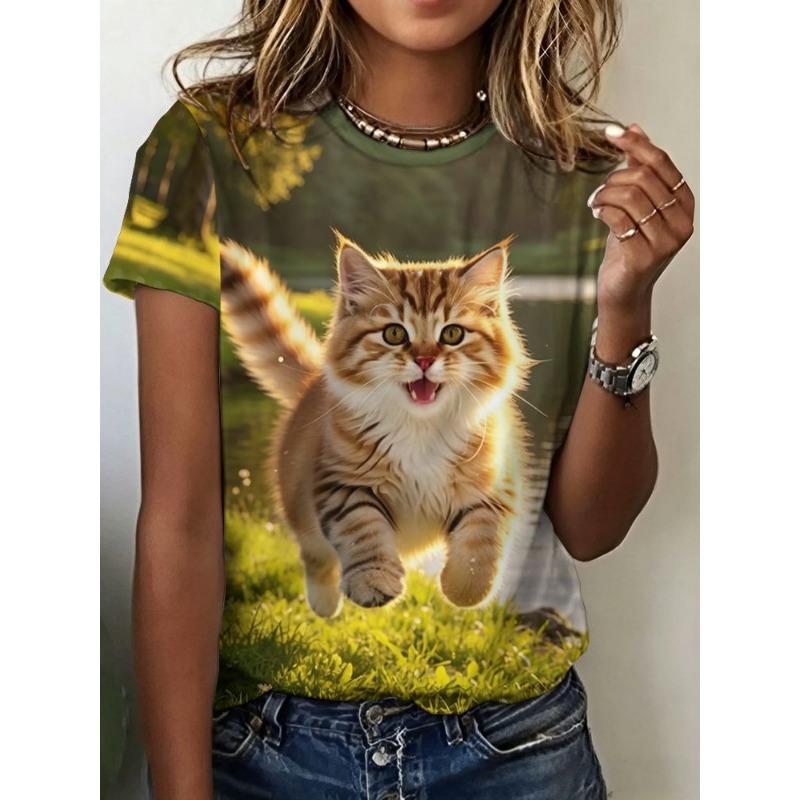 Women's printed short-sleeved T-shirt - Soft round-neck casual top, suitable for daily wear and various themed occasions