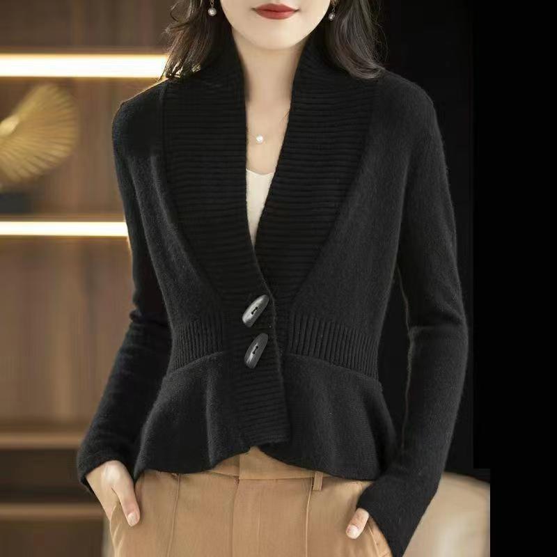 Autumn and Winter New Soft Waxy High-end Knitted Cardigan Women's Simple and Versatile Two-button Lotus Leaf Pendulum Horn Buckle Coat Women